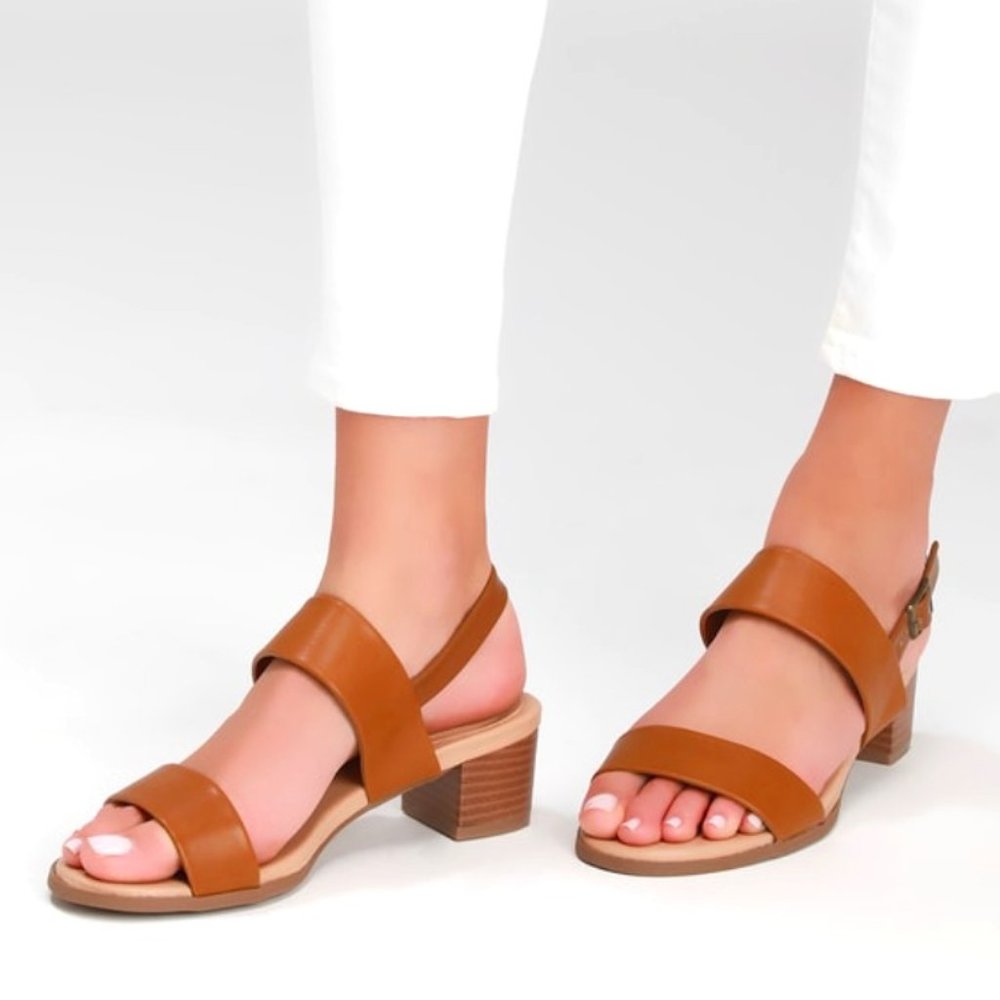 😍 NWOT Lulu's Tulum Trek Tan Heeled Open-Toed Vegan Leather Sandals, Size 8 👡
